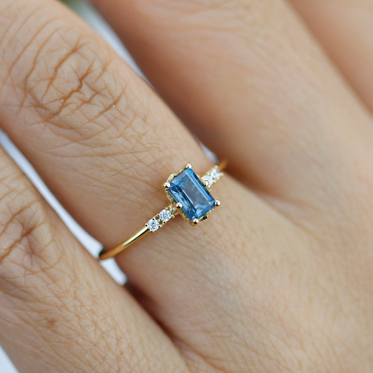 Emerald cut London blue topaz and diamond engagement ring, simple cluster ring 18k gold - NOOI JEWELRY
