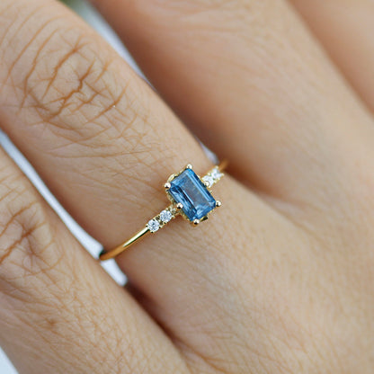 Emerald cut London blue topaz and diamond engagement ring, simple cluster ring 18k gold - NOOI JEWELRY