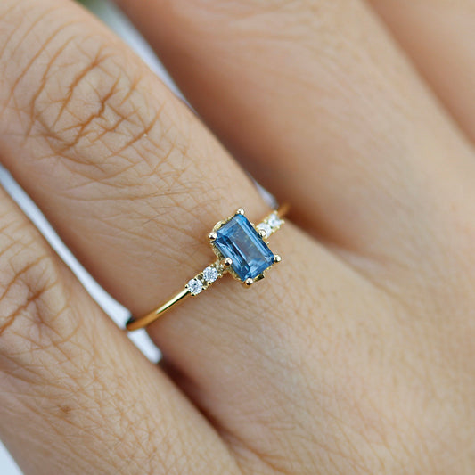 Emerald cut London blue topaz and diamond engagement ring, simple cluster ring 18k gold - NOOI JEWELRY