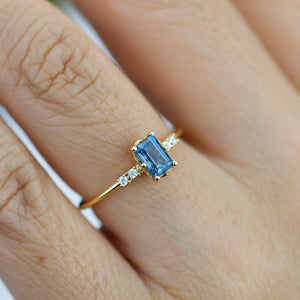 Emerald cut London blue topaz and diamond engagement ring, simple cluster ring 18k gold - NOOI JEWELRY