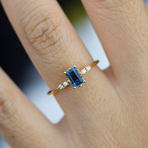 Emerald cut London blue topaz and diamond engagement ring, simple cluster ring 18k gold - NOOI JEWELRY