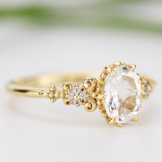 white topaz and diamond ring, vintage style engagement rings diamond unique - NOOI JEWELRY