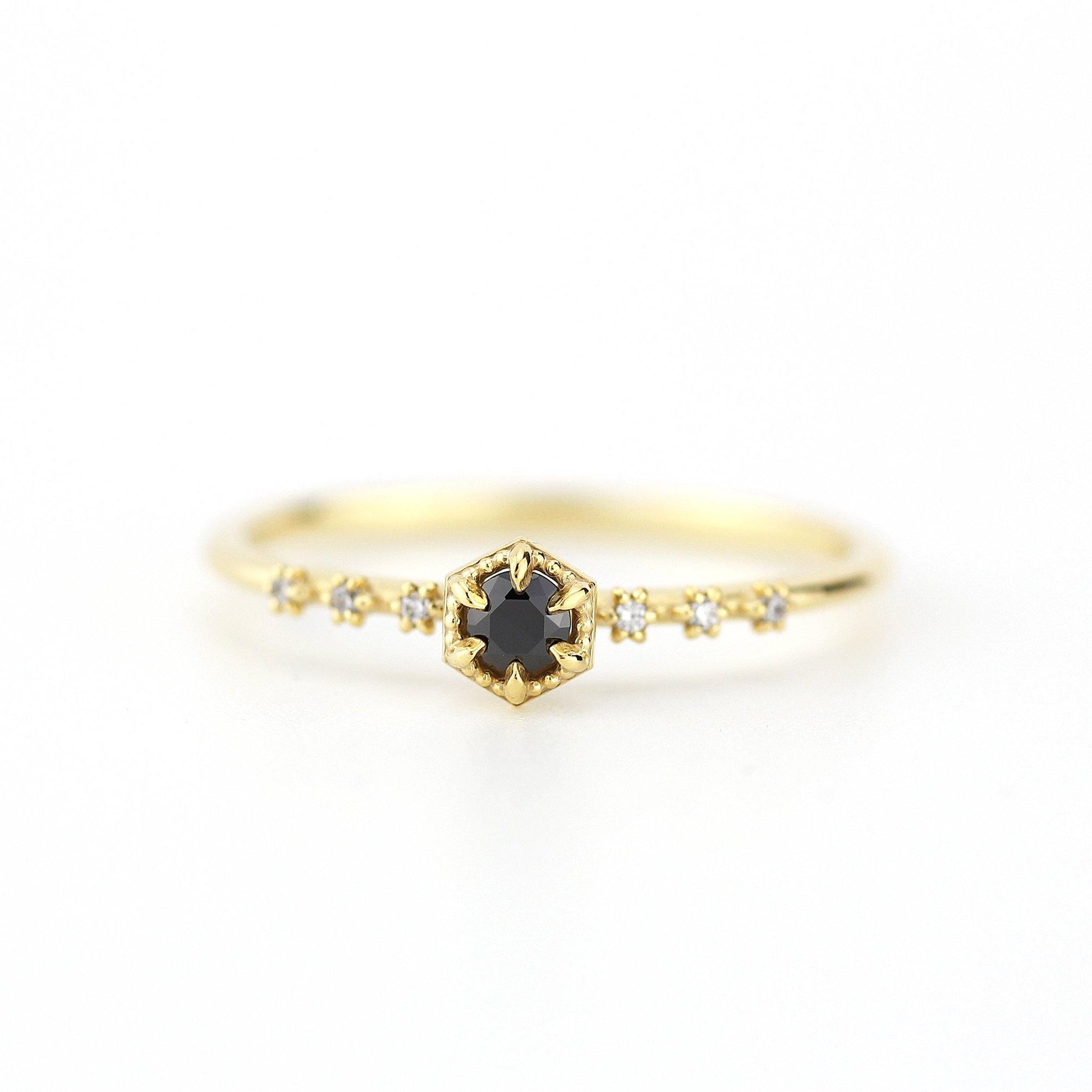 Dainty diamond ring black and white diamonds, Hexagonal engagement ring, minimal ring, minimalist ring - NOOI JEWELRY