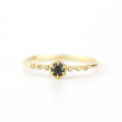 Dainty diamond ring black and white diamonds, Hexagonal engagement ring, minimal ring, minimalist ring - NOOI JEWELRY