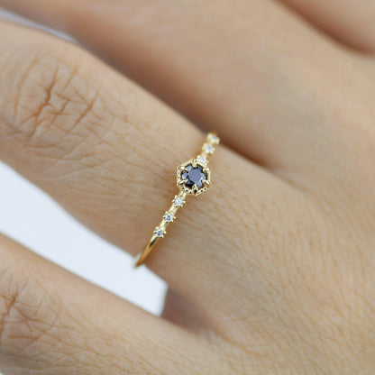 Dainty diamond ring black and white diamonds, Hexagonal engagement ring, minimal ring, minimalist ring - NOOI JEWELRY