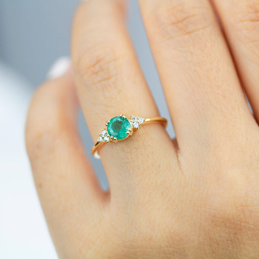 emerald and diamonds engagement ring, rare emerald ring, May Birthstone, delicate ring, minimalist engagement ring, engagement ring - NOOI JEWELRY