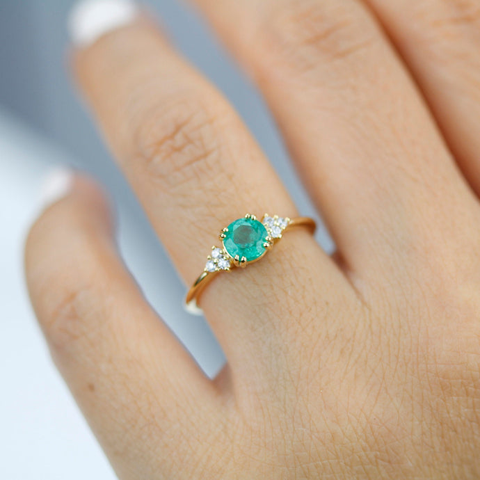 emerald and diamonds engagement ring, rare emerald ring, May Birthstone, delicate ring, minimalist engagement ring, engagement ring - NOOI JEWELRY