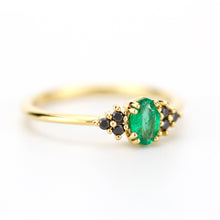 Load image into Gallery viewer, Emerald engagement ring, emerald and black diamond ring, delicate diamond ring,  oval engagement ring - NOOI JEWELRY