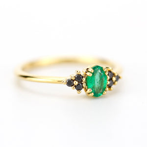 Emerald engagement ring, emerald and black diamond ring, delicate diamond ring,  oval engagement ring - NOOI JEWELRY