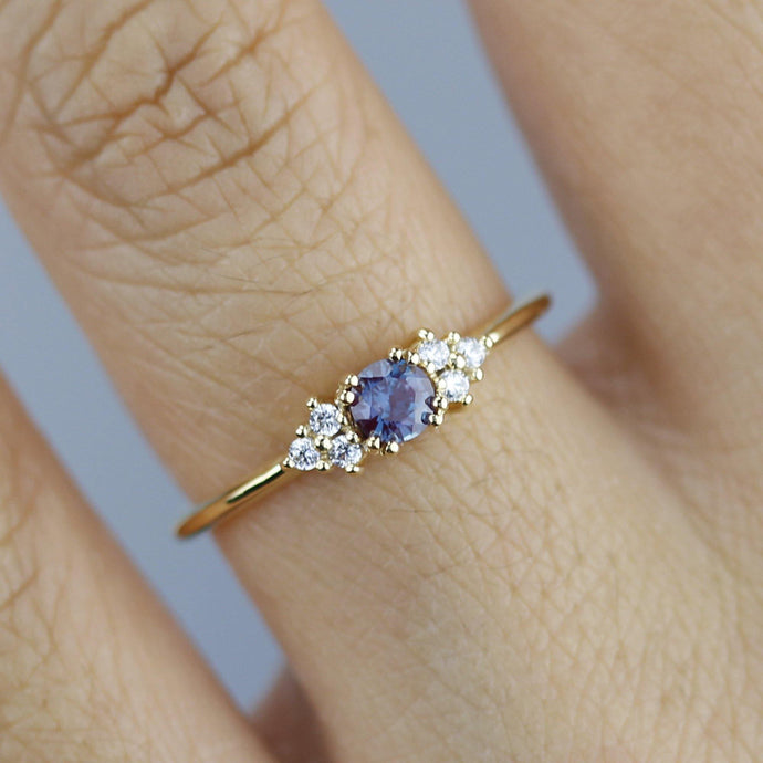 Alexandrite and diamond engagement ring, round cluster alexandrite with side stones - NOOI JEWELRY