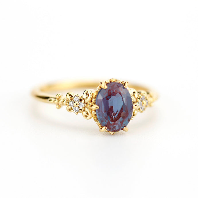 Oval Alexandrite engagement ring, 18k yellow gold, 8x6 oval alexandrite and black diamond cluster ring - NOOI JEWELRY