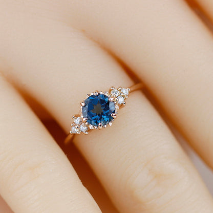 London blue topaz and diamond engagement ring rose gold, classic round engagement ring - NOOI JEWELRY