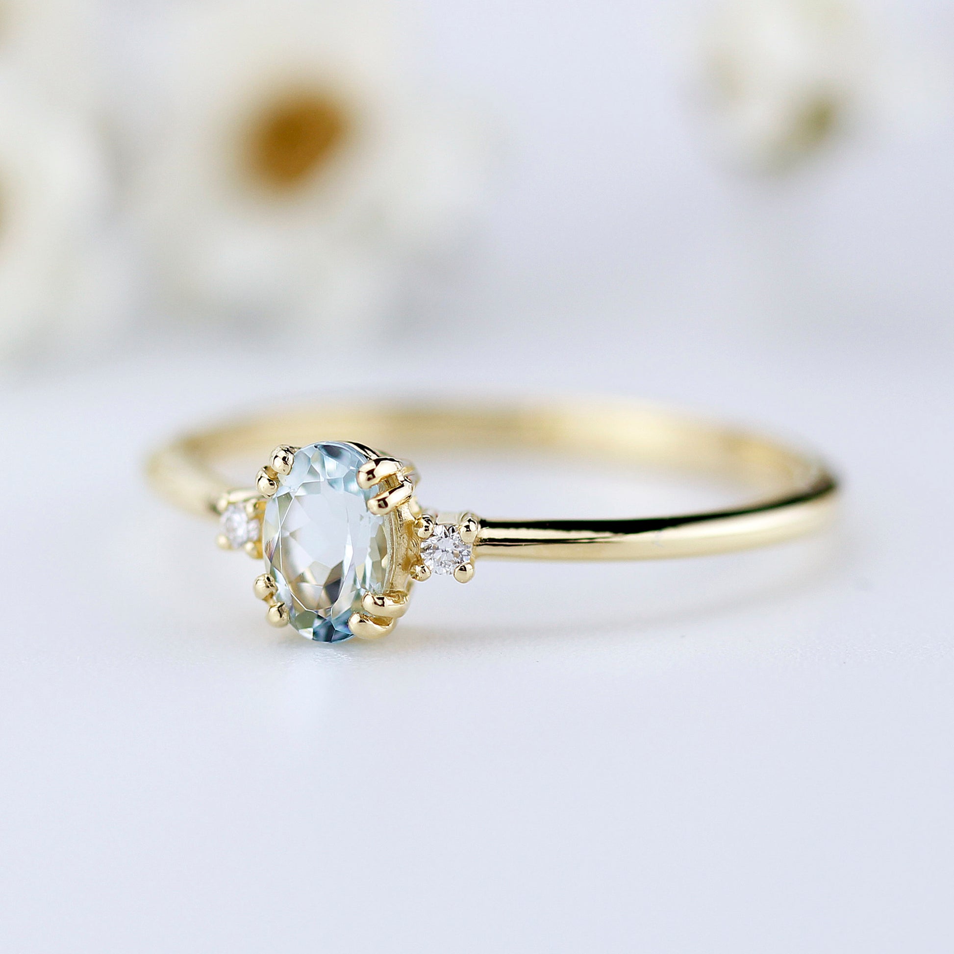 oval aquamarine and diamonds engagement ring, 18k yellow gold - NOOI JEWELRY