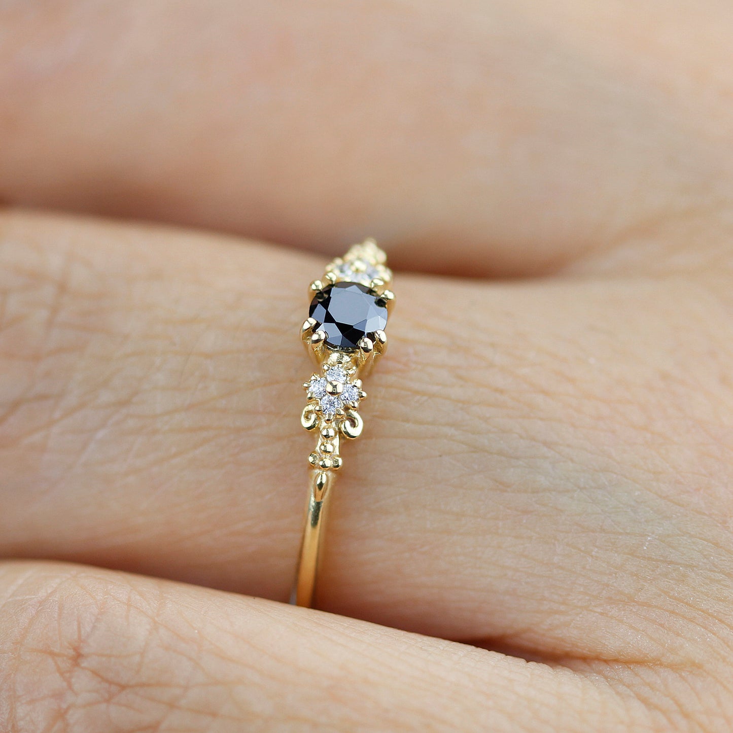 engagement ring black diamond, black diamond ring, simple diamond ring, Cluster ring black diamond - NOOI JEWELRY