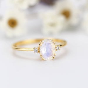 Moonstone Engagement Ring, Oval Engagement Ring, Simple ring, Delicate Ring, ClusEngagement ring Moonstone and diamonds ring - NOOI JEWELRY