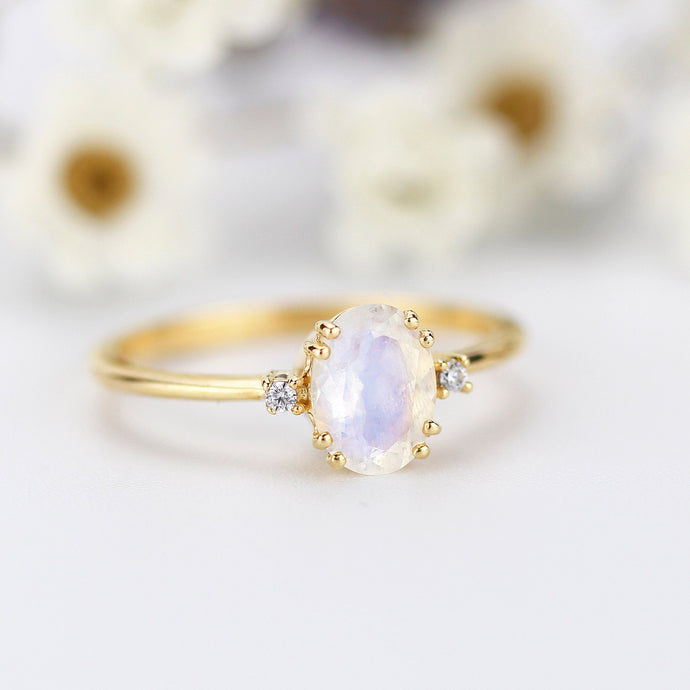 Moonstone Engagement Ring, Oval Engagement Ring, Simple ring, Delicate Ring, ClusEngagement ring Moonstone and diamonds ring - NOOI JEWELRY