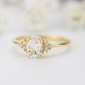 Oval engagement ring white topaz and diamonds, minimalist ring 18k gold - NOOI JEWELRY