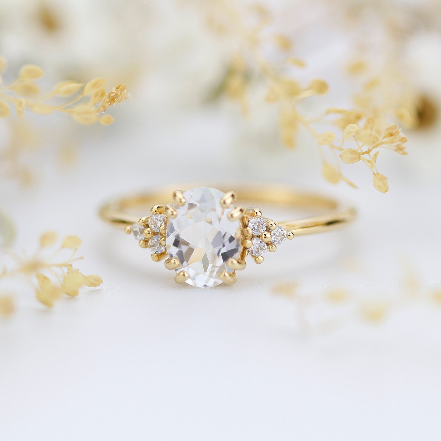 Oval engagement ring white topaz and diamonds, minimalist ring 18k gold - NOOI JEWELRY