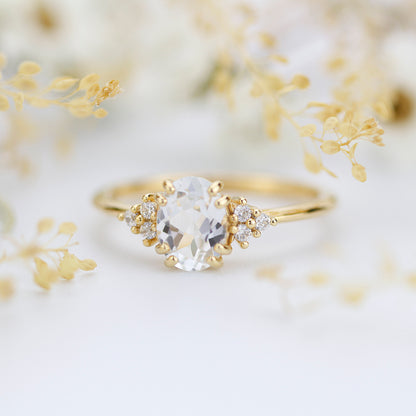 Oval engagement ring white topaz and diamonds, minimalist ring 18k gold - NOOI JEWELRY