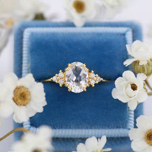 Oval engagement ring white topaz and diamonds, minimalist ring 18k gold - NOOI JEWELRY