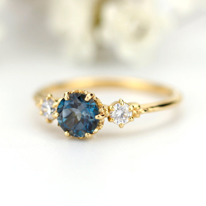 Unique three stone ring London blue topaz and diamonds engagement ring - NOOI JEWELRY