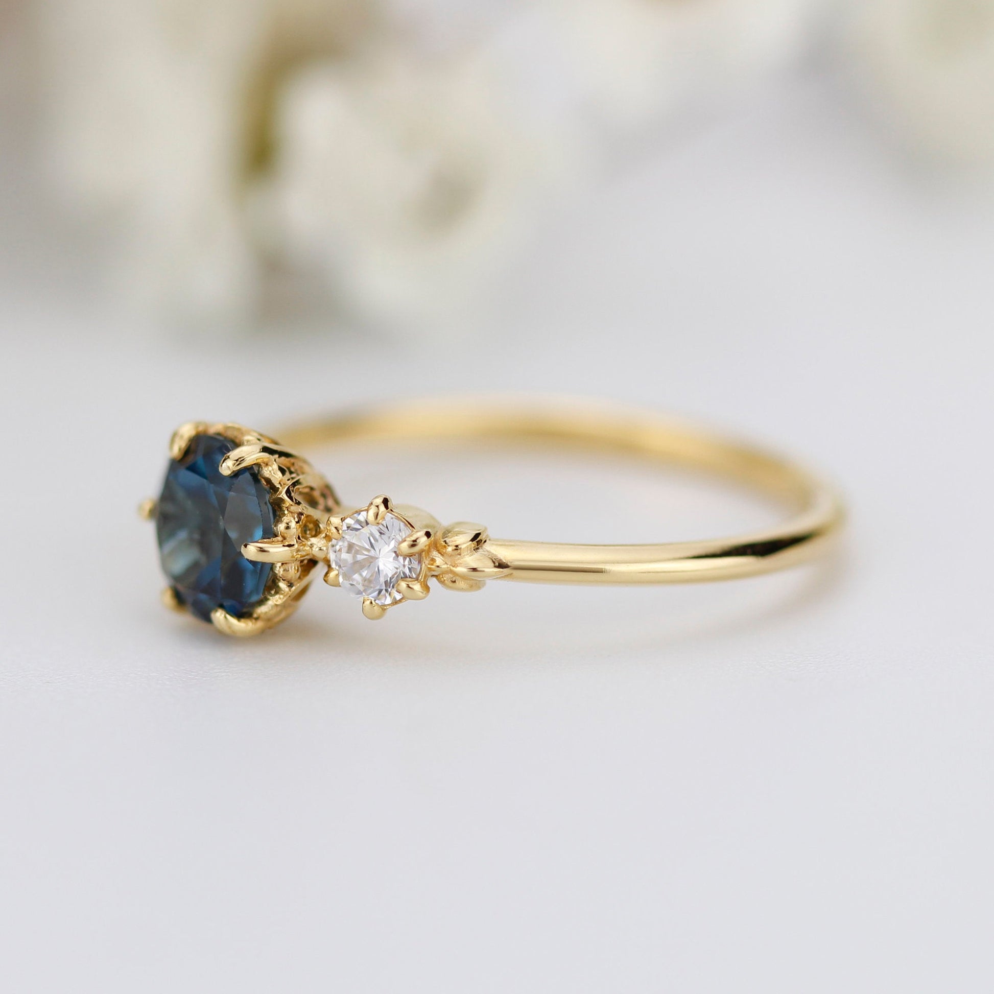 Unique three stone ring London blue topaz and diamonds engagement ring - NOOI JEWELRY
