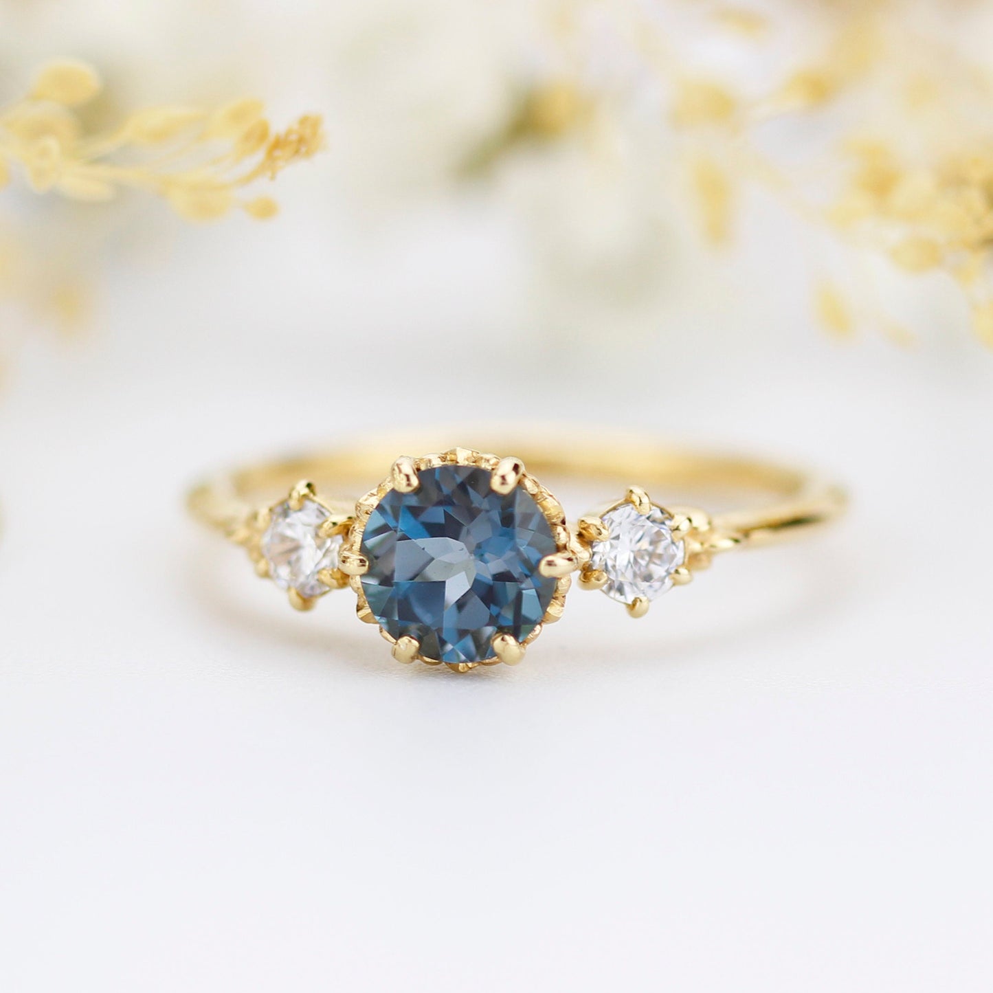 Unique three stone ring London blue topaz and diamonds engagement ring - NOOI JEWELRY