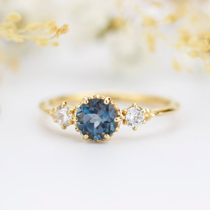 Unique three stone ring London blue topaz and diamonds engagement ring - NOOI JEWELRY