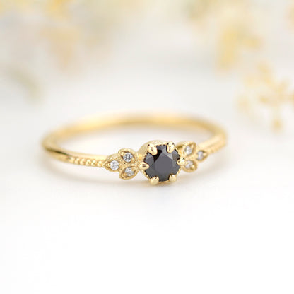 engagement ring black diamond, diamond engagement ring,  art deco engagement ring, dainty ring, vintage diamond engagement ring - NOOI JEWELRY