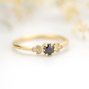 engagement ring black diamond, diamond engagement ring,  art deco engagement ring, dainty ring, vintage diamond engagement ring - NOOI JEWELRY