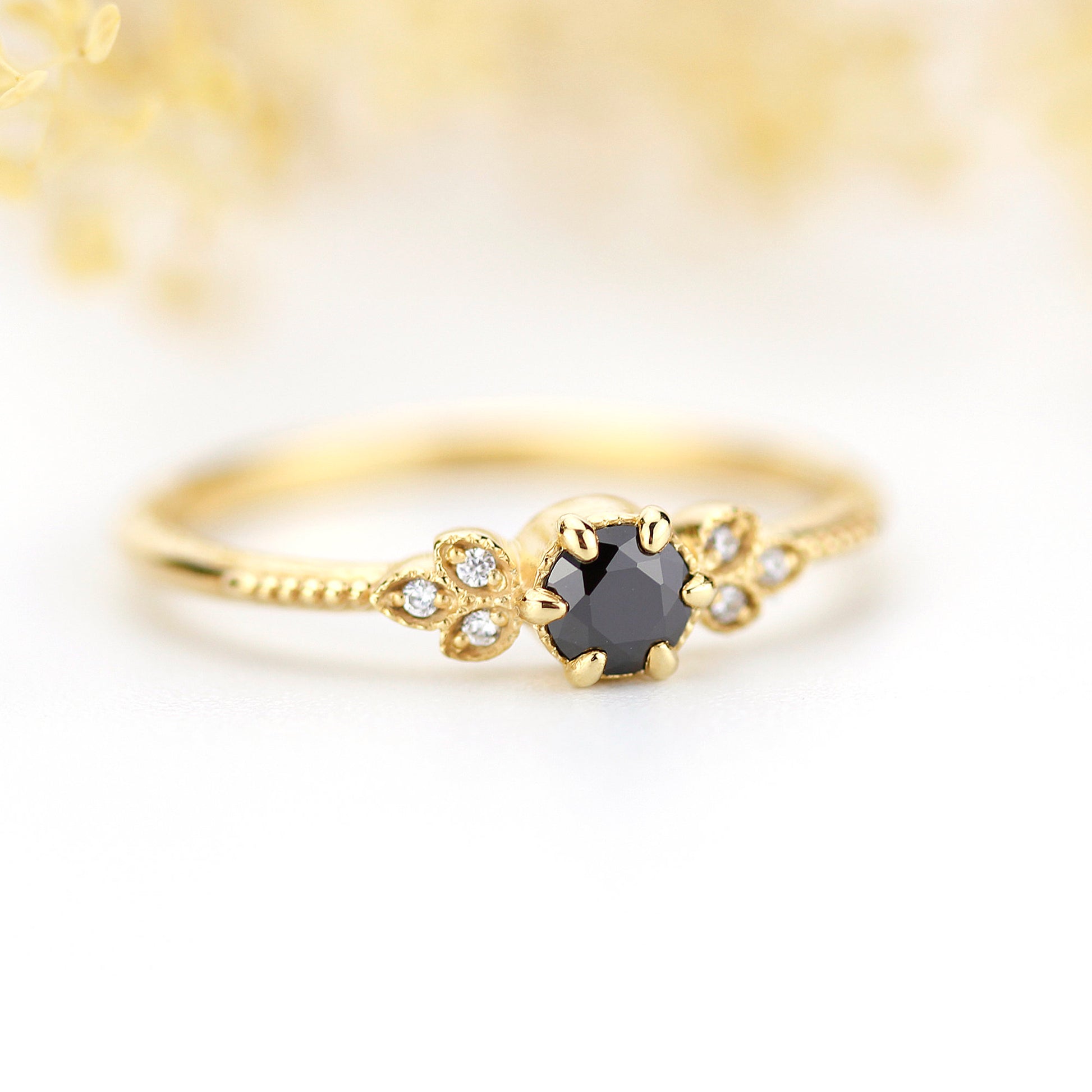 engagement ring black diamond, diamond engagement ring,  art deco engagement ring, dainty ring, vintage diamond engagement ring - NOOI JEWELRY