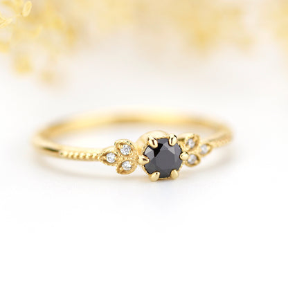 engagement ring black diamond, diamond engagement ring,  art deco engagement ring, dainty ring, vintage diamond engagement ring - NOOI JEWELRY