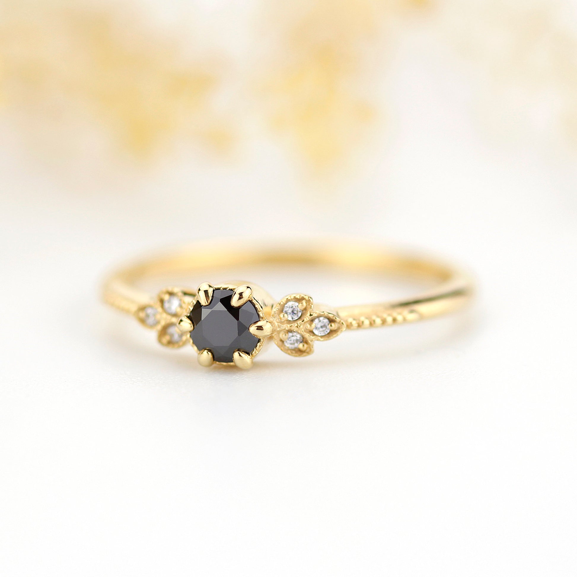 engagement ring black diamond, diamond engagement ring,  art deco engagement ring, dainty ring, vintage diamond engagement ring - NOOI JEWELRY
