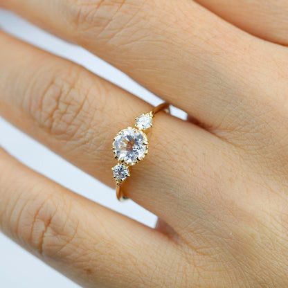 Simple three stone engagement ring natural white topaz and diamonds - NOOI JEWELRY