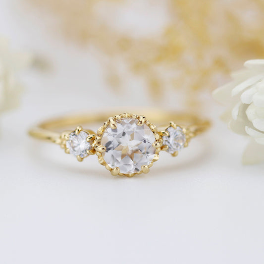 Simple three stone engagement ring natural white topaz and diamonds - NOOI JEWELRY