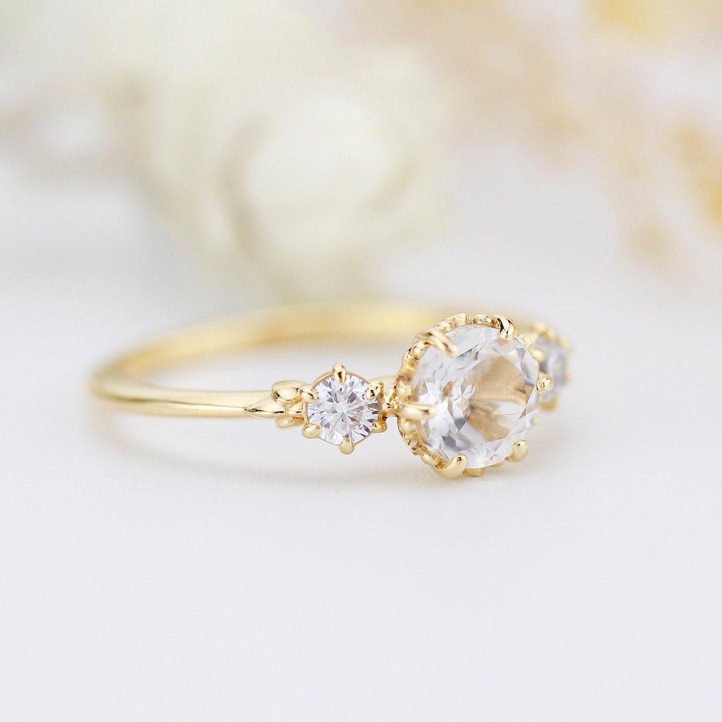Simple three stone engagement ring natural white topaz and diamonds - NOOI JEWELRY