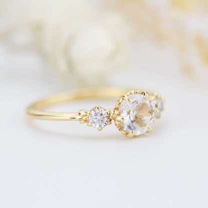 Simple three stone engagement ring natural white topaz and diamonds - NOOI JEWELRY