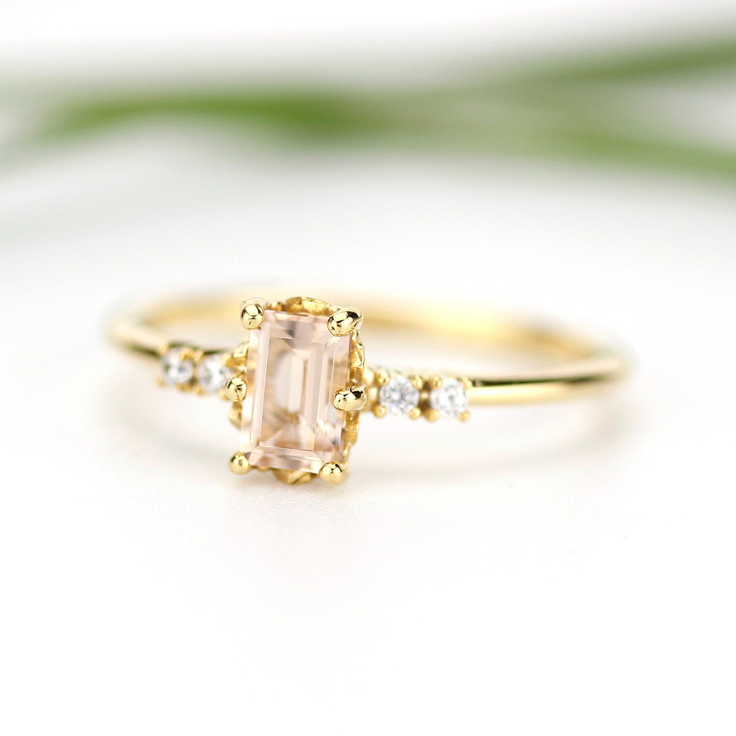 Emerald cut morganite and diamond engagement ring, simple cluster ring 18k gold - NOOI JEWELRY
