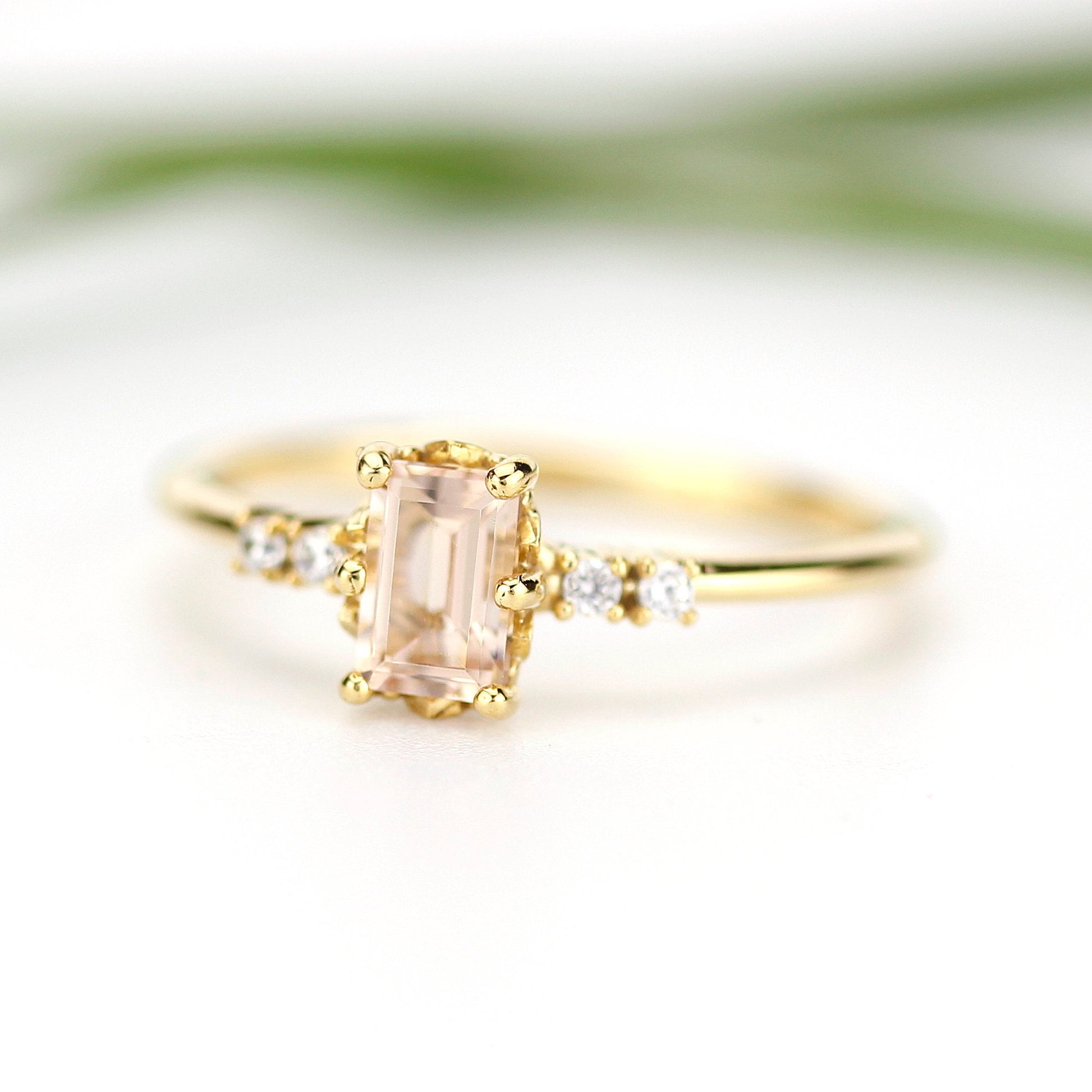 Emerald cut morganite and diamond engagement ring, simple cluster ring 18k gold - NOOI JEWELRY