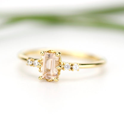 Emerald cut morganite and diamond engagement ring, simple cluster ring 18k gold - NOOI JEWELRY