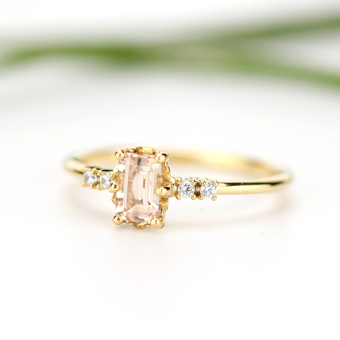 Emerald cut morganite and diamond engagement ring, simple cluster ring 18k gold - NOOI JEWELRY