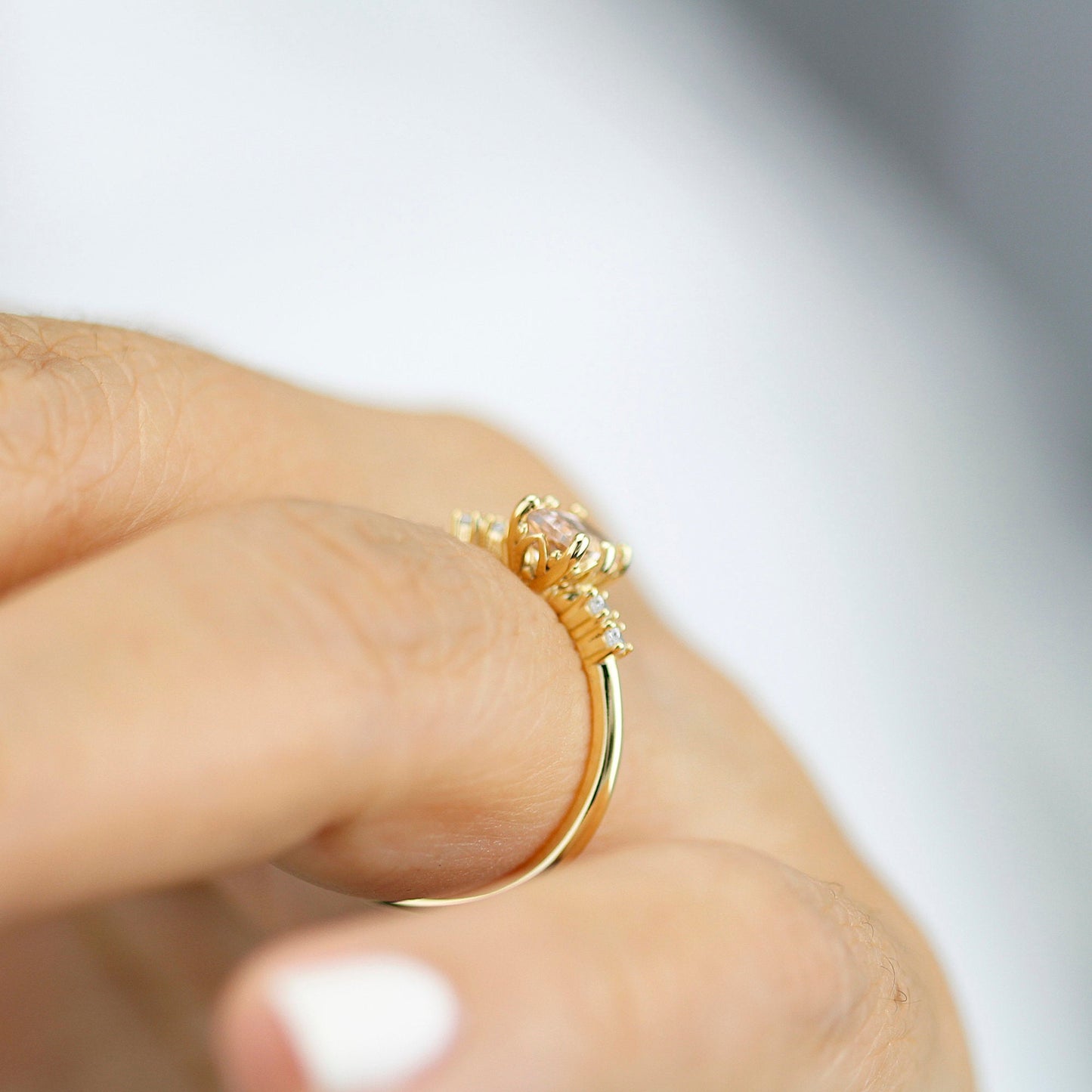 Emerald cut morganite and diamond engagement ring, simple cluster ring 18k gold - NOOI JEWELRY