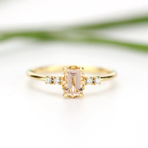 Emerald cut morganite and diamond engagement ring, simple cluster ring 18k gold - NOOI JEWELRY