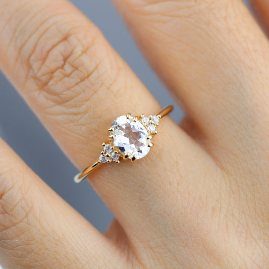 Oval engagement ring white topaz and diamonds, minimalist ring 18k gold - NOOI JEWELRY