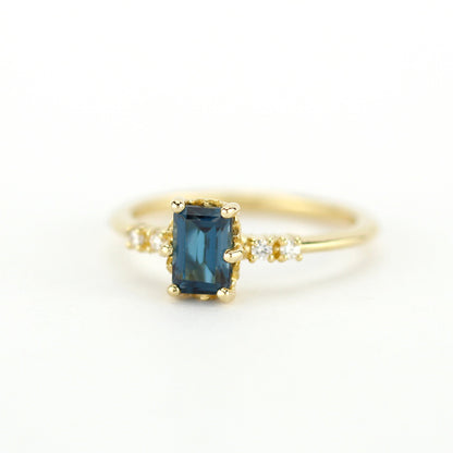 Emerald cut London blue topaz and diamond engagement ring, simple cluster ring 18k gold - NOOI JEWELRY