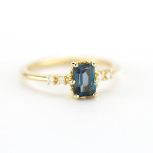 Emerald cut London blue topaz and diamond engagement ring, simple cluster ring 18k gold - NOOI JEWELRY