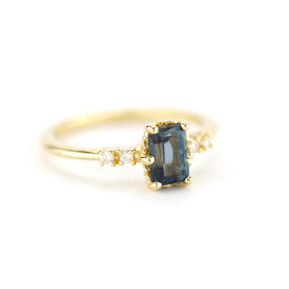 Emerald cut London blue topaz and diamond engagement ring, simple cluster ring 18k gold - NOOI JEWELRY