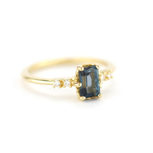 Emerald cut London blue topaz and diamond engagement ring, simple cluster ring 18k gold - NOOI JEWELRY