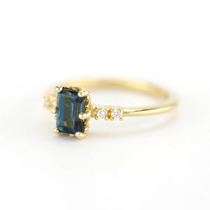 Emerald cut London blue topaz and diamond engagement ring, simple cluster ring 18k gold - NOOI JEWELRY