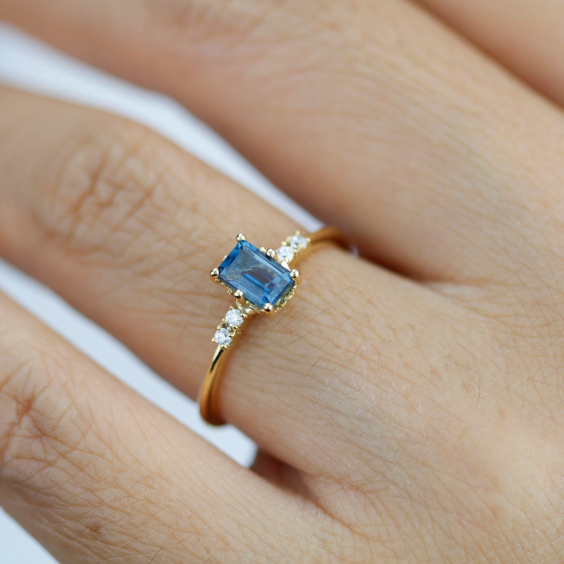 Emerald cut London blue topaz and diamond engagement ring, simple cluster ring 18k gold - NOOI JEWELRY